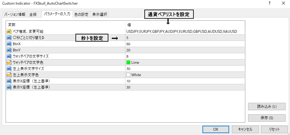 AutoChartSwitcher パラメーター設定